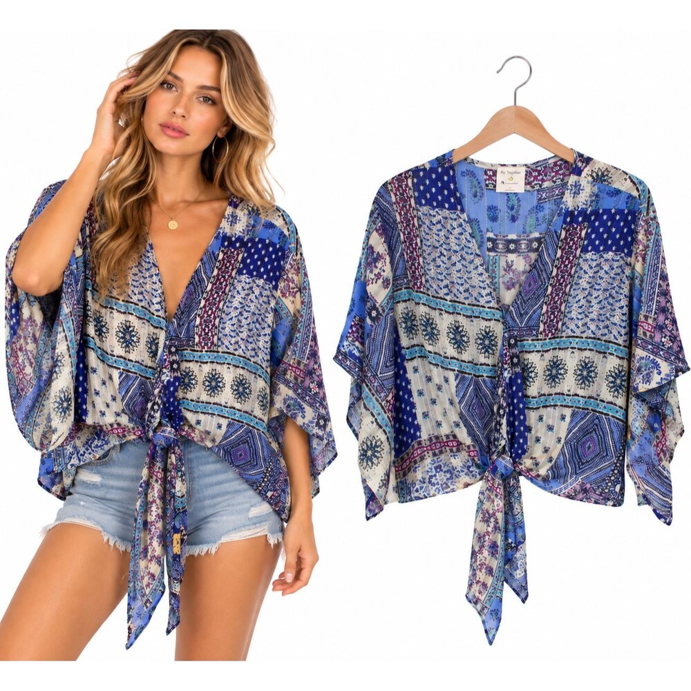 New By Together Tie Front Kimono Sleeve Boho Blouse Top Small Blue Patchwork